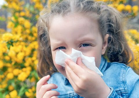 Flicka med pollenallergi som snyter sig.